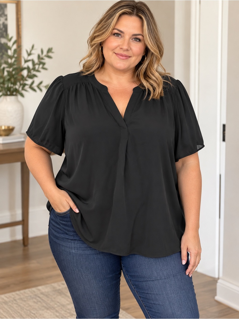Lily Morgan 2X Women's Black V-Neck Short Sleeve Blouse